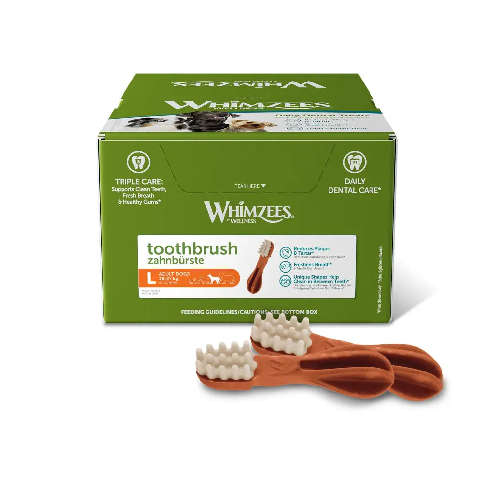 Whimzees toothbrush wellness dental treats in green lrg display box with two orange and white chewable brushes visible