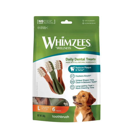 Green and white whimzees toothbrush treat pack with dog shaped daily dental treats featuring brown handles and white bristles