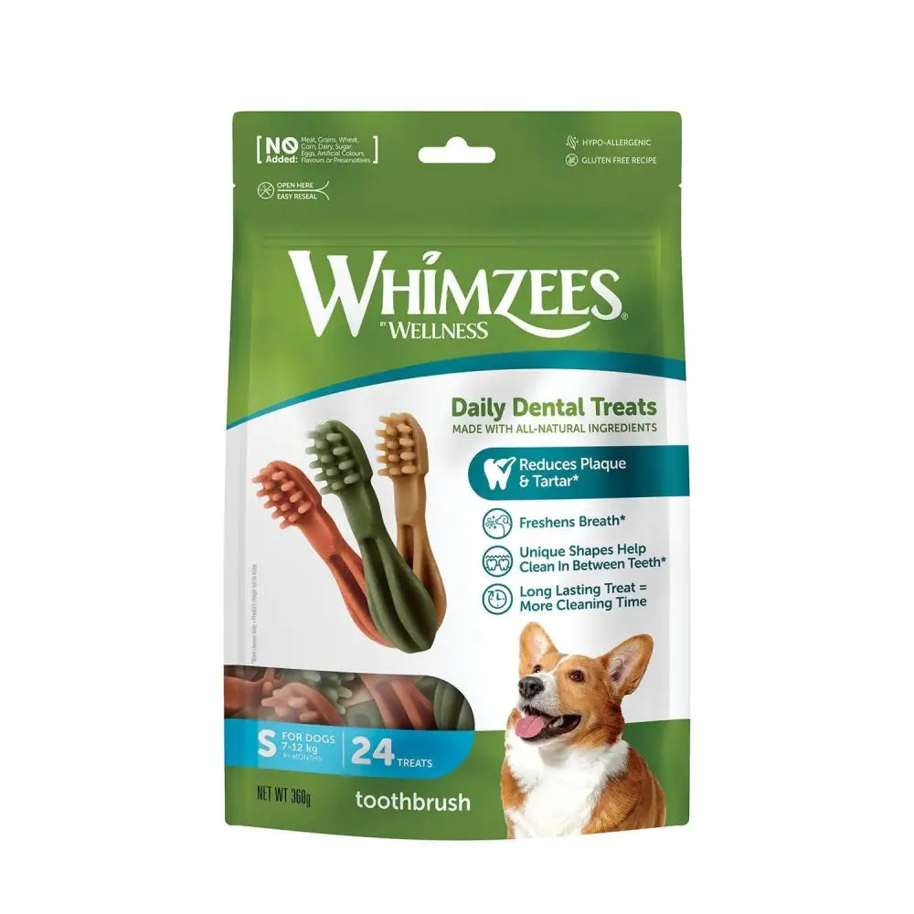 Whimzees toothbrush treat pack with orange brown and green toothbrush shaped daily dental treats in green white package