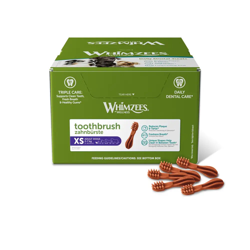 Green box of whimzees toothbrush dental treats with brown brush shaped chews for adult dogs display 350x70mm