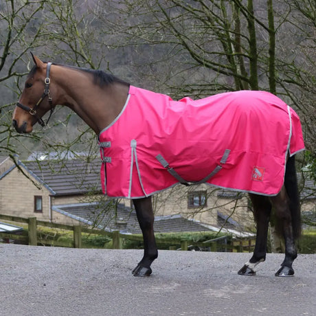 Bright pink whitaker 0g standard turnout rug with gray trim and adjustable straps featuring umbrella tail cover