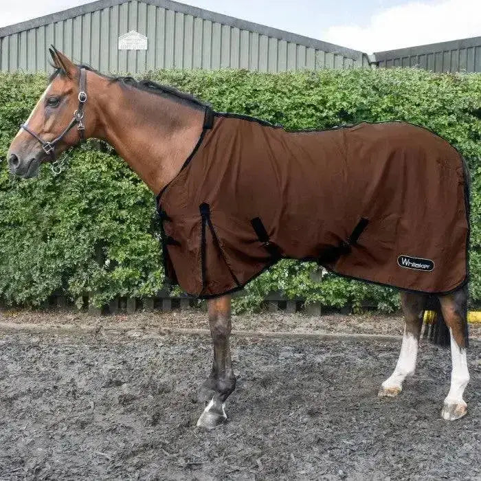 Brown whisker horse blanket with black trim and adjustable straps shown with whitaker allerton cotton lightweight summer sheet