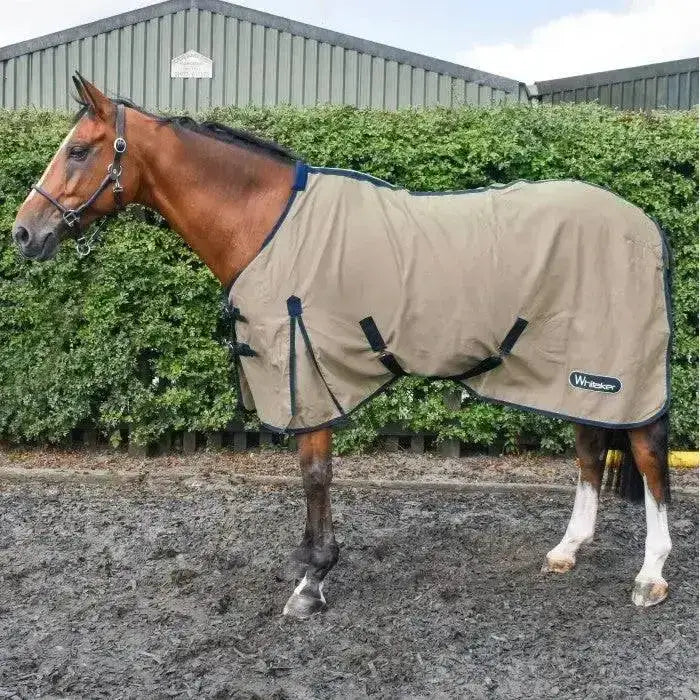 Tan whitaker allerton cotton sheet horse blanket with black trim and adjustable straps featuring wrecker logo