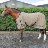 Tan whitaker allerton cotton sheet horse blanket with black trim and adjustable straps featuring wrecker logo