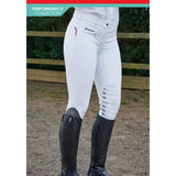 White performance riding pants with subtle logo and vertical stitching details whitaker b123 dortmund breeches