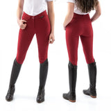 Red whitaker b126l sawley ladies breeches crimson with sleek fit and black leather knee accents