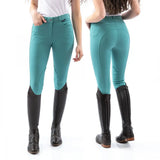 Teal whitaker b126l sawley ladies breeches sea blue with black leather knee patches and sleek fitted design
