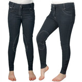 Dark denim whitaker b150k rawdon denim knit kids breeches with reinforced knee patches and white stitching