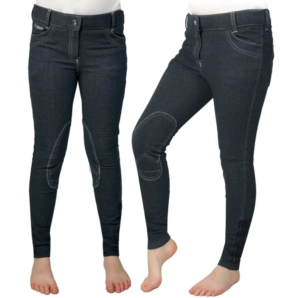 Dark denim whitaker b150k rawdon denim knit kids breeches with reinforced knee patches and white stitching