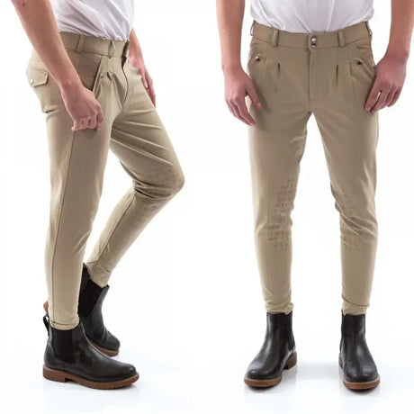 Khaki whitaker b155m clayton mens breeches with pleated front and grip knee beige reinforced patches for riding