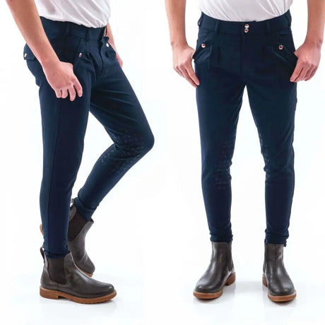 Dark navy blue whitaker b155m clayton mens breeches with grip knee and buttoned pockets for equestrian use
