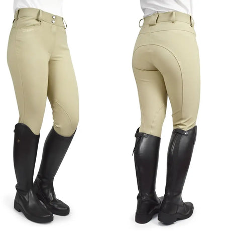 Beige whitaker b238l hemsworth ladies breeches with fitted design and reinforced stitching paired with black boots