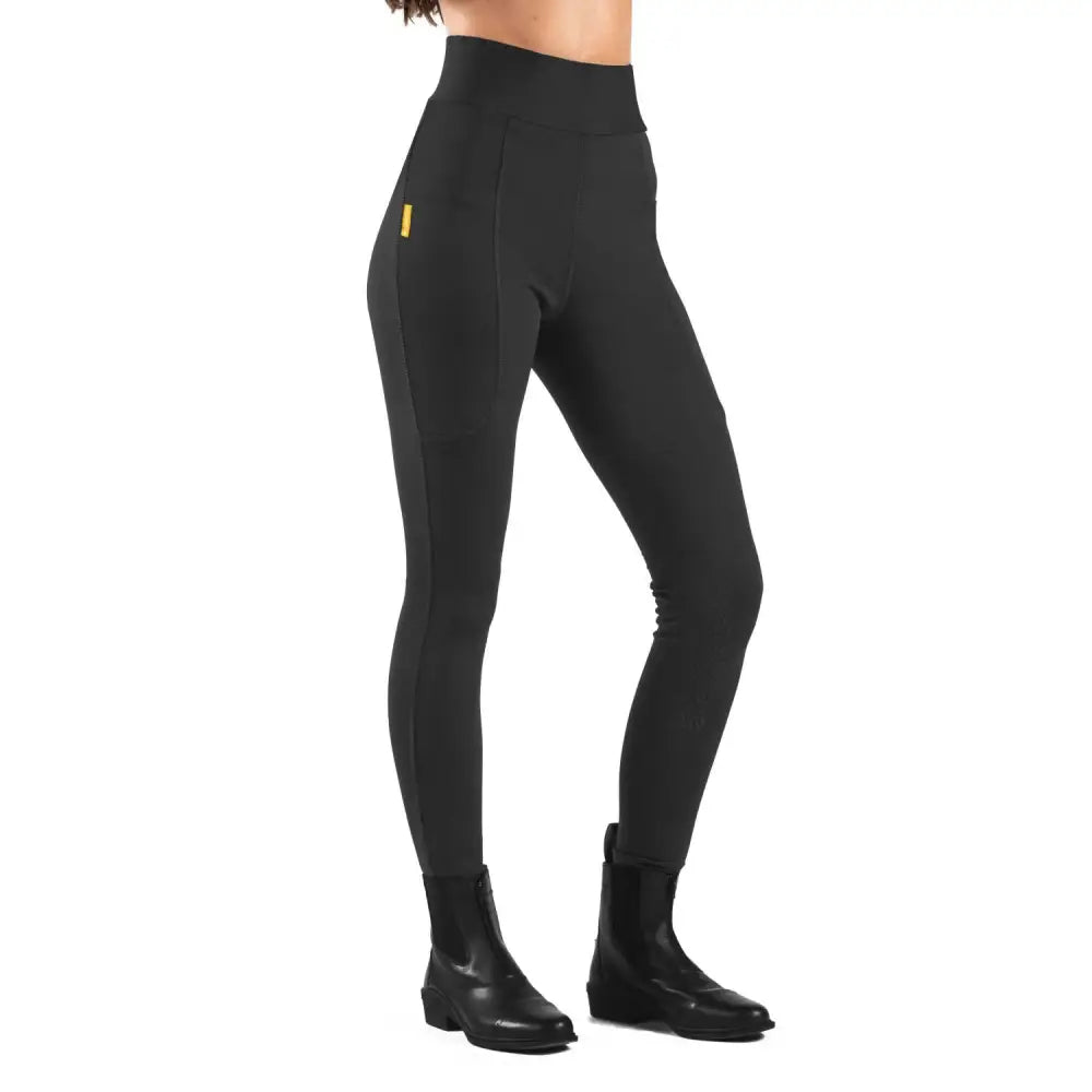 Black high waisted riding tights with subtle gold logo on thigh from whitaker b367k alderley childrens riding collection