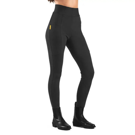Black high waisted whitaker b367k alderley childrens riding tights black with subtle gold logo on thigh