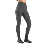 Dark gray high-waisted whitaker b367k alderley childrens riding tights with subtle yellow brand tag on side seam