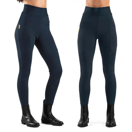 Navy whitaker b367k alderley childrens riding tights with high waist, subtle side pockets, and yellow thigh logo