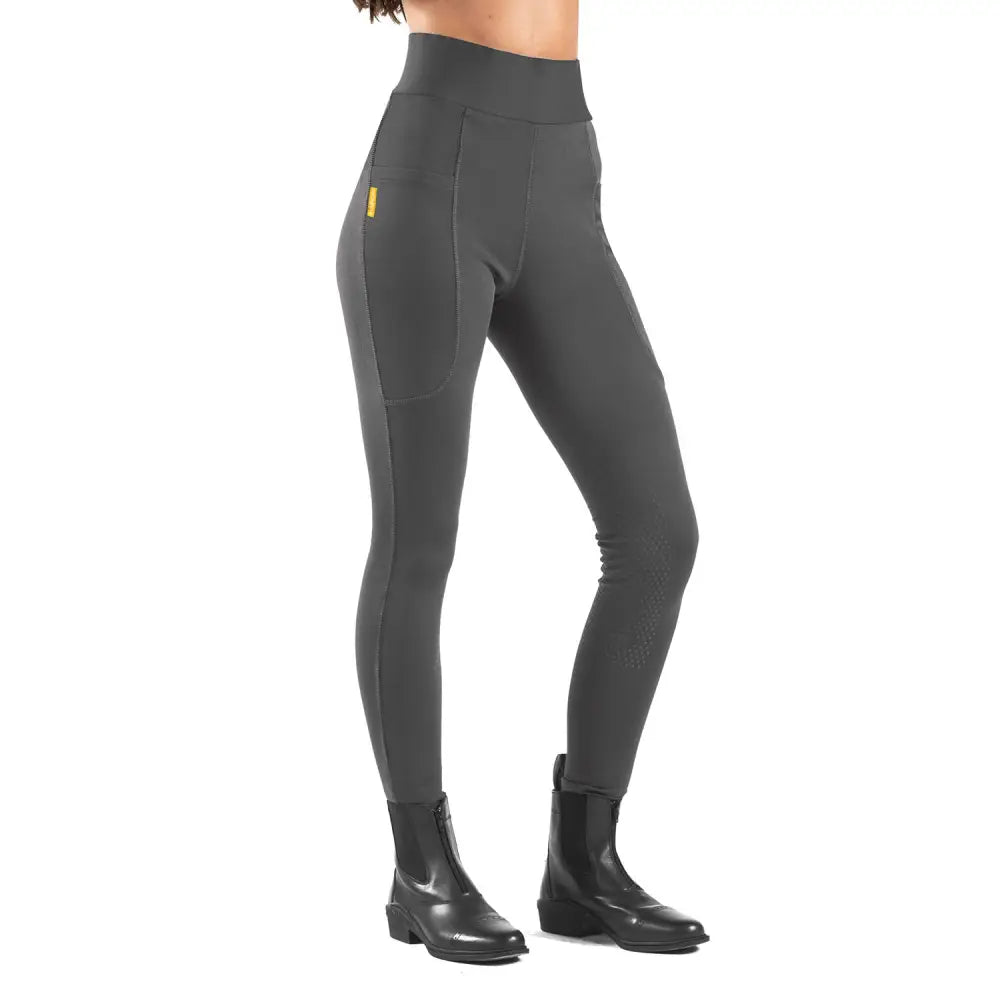 Dark gray high-waisted whitaker b367l alderley ladies riding tights grey with subtle side pocket and yellow brand tag