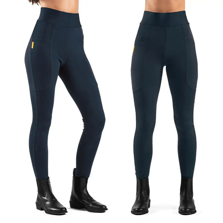 Dark navy whitaker b367l alderley ladies riding tights with subtle yellow branding on side seam for equestrian use