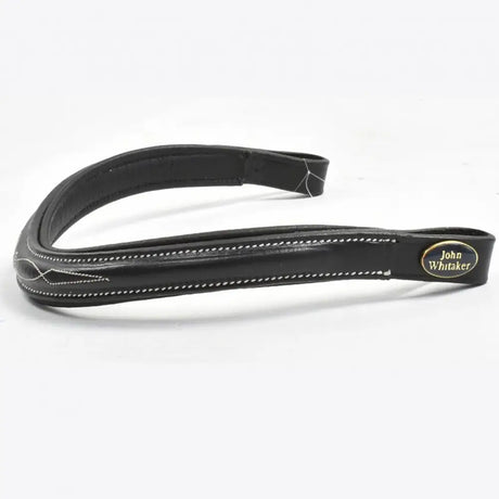 Black leather whitaker bb100 raised browband with white stitching and gold john whitaker emblem in raised browband black