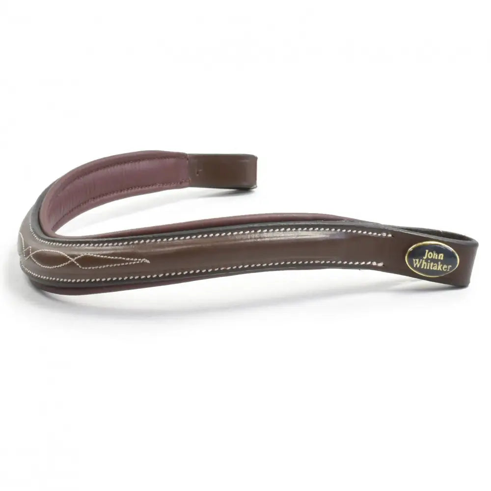 Brown leather horse bridle headpiece with white stitching and gold john whitaker logo tag whitaker bb100 raised browband havana