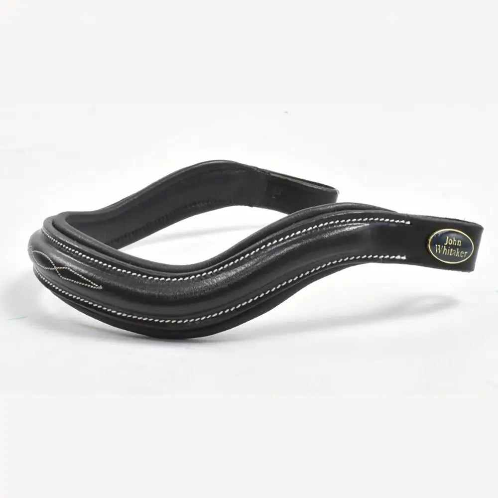 Black leather horse bridle noseband with white stitching and john whitaker tag featuring whitaker bb101 raised squared curved browband black