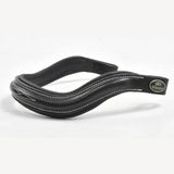 Black leather horse bridle noseband with white stitching and john whitaker tag whitaker bb101 raised squared curved browband black