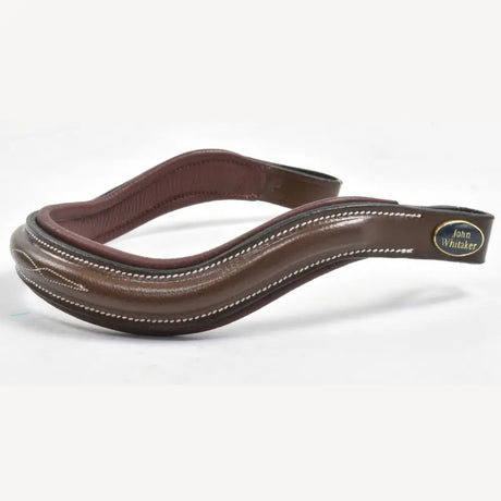 Brown leather horse bridle noseband with white stitching and john whitaker emblem whitaker bb101 raised squared curved browband