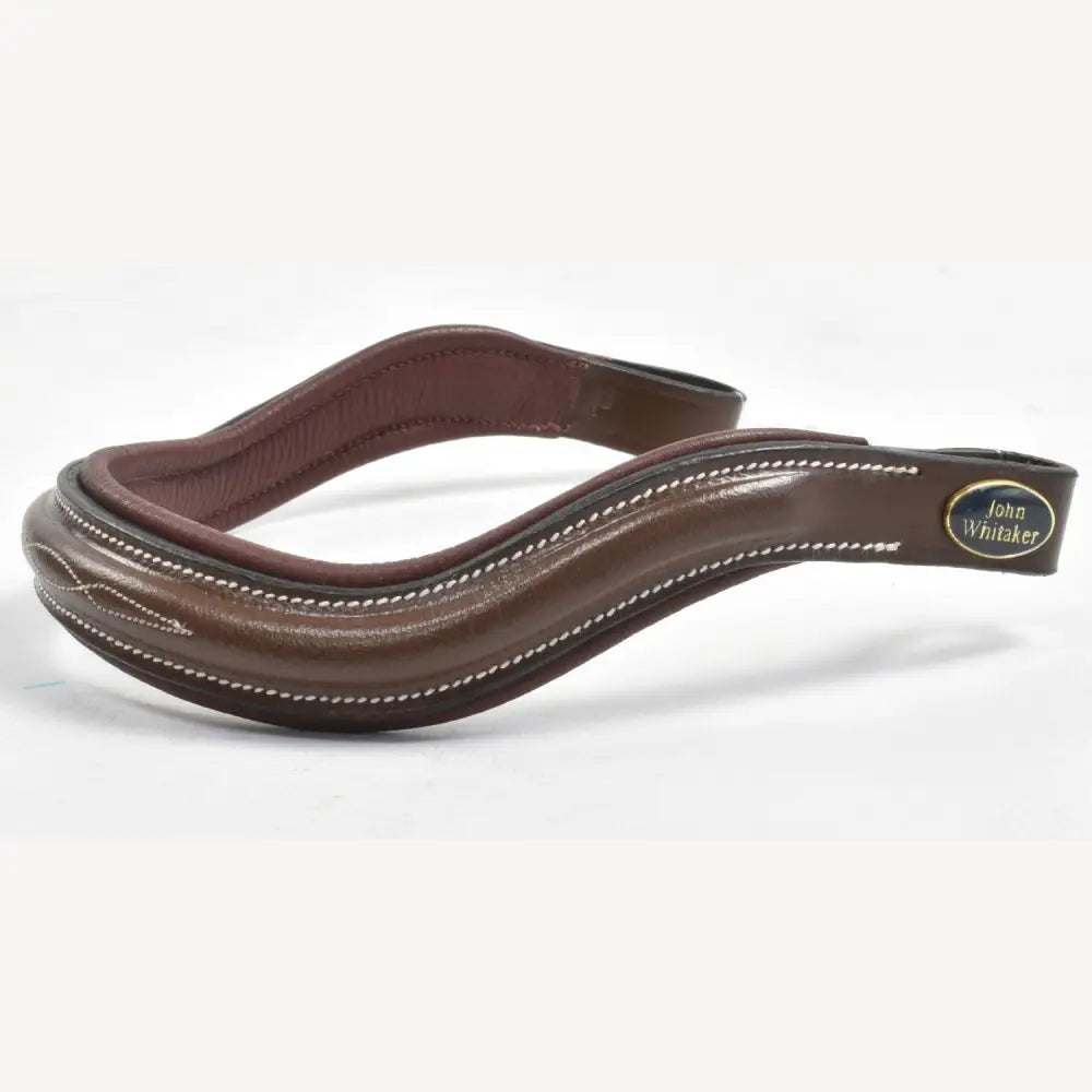 Brown leather horse bridle noseband with white stitching and john whitaker emblem in whitaker bb101 raised squared curved design