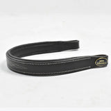 Black leather whitaker bb102 flat browband black with white stitching and gold john whitaker plaque