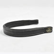 Black leather whitaker bb102 flat browband with white stitching and gold john whitaker brand plaque flat browband black