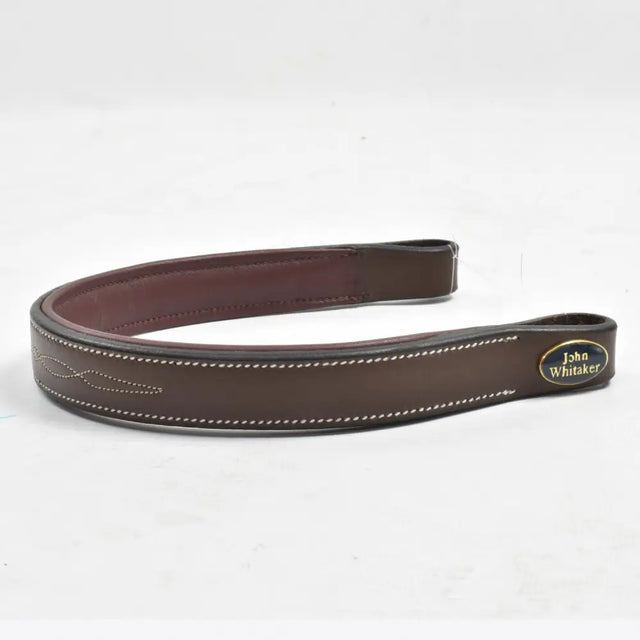 Brown leather whitaker bb102 flat browband headpiece with white stitching and john whitaker emblem in havana color