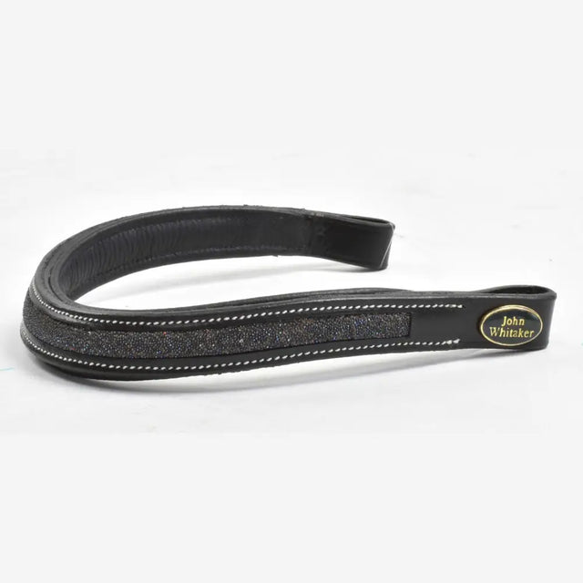 Black leather Whitaker bb103 micro-sparkle browband with textured glittery panel and white stitching edges