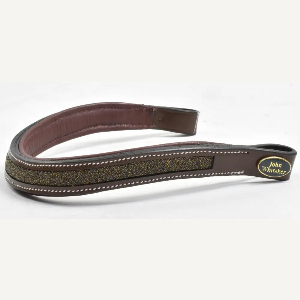 Brown leather horse bridle strap with micro-sparkle browband havana gold glittery olive-green stripe and white stitching