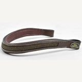 Brown leather horse bridle strap with micro-sparkle browband havana gold glittery olive-green stripe and white stitching