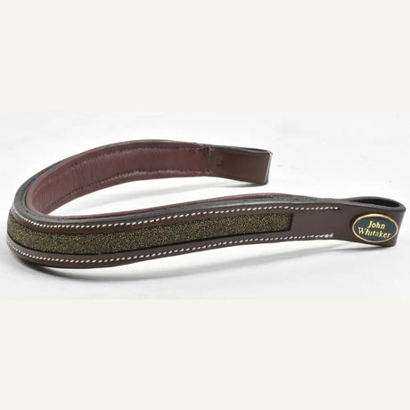 Brown leather horse bridle strap with micro-sparkle browband havana gold glittery olive-green stripe and white stitching
