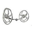 Shiny silver metal whitaker bi020 snaffle bit with intricate circular designs universal bit for versatile use