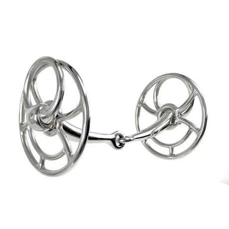 Shiny silver metal whitaker bi020 snaffle bit with intricate circular designs universal bit for versatile use