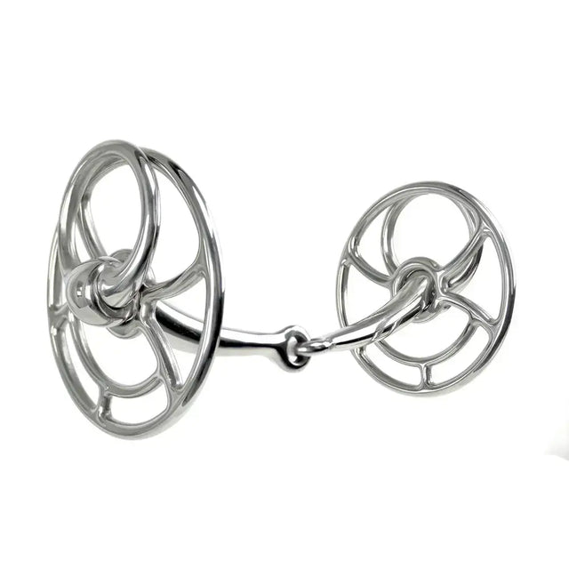 Shiny silver metal whitaker bi020 snaffle bit with intricate circular designs universal bit for versatile use