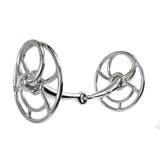 Shiny silver metal whitaker bi020 snaffle with intricate circular designs on each side universal bit
