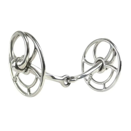 Silver whitaker bi023 twisted bars mouth universal bit with polished metal finish and openwork circular rings on each side