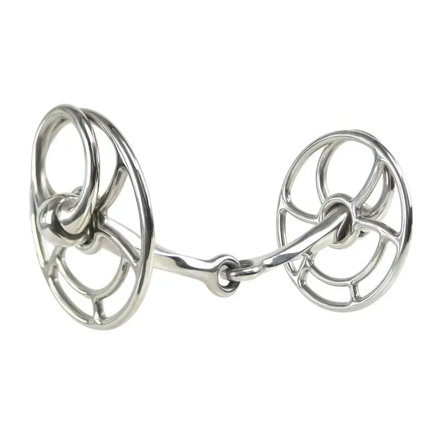 Silver whitaker bi023 twisted bars mouth universal bit with polished metal finish and openwork circular rings on each side