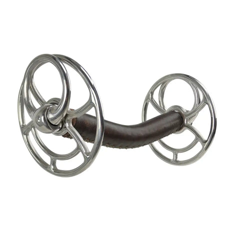 Silver-toned whitaker bi024 universal stainless steel bit with dark brown leather mouth and intricate circular designs