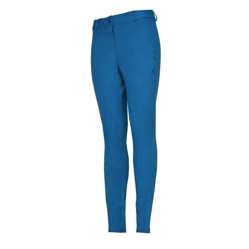 A pair of vibrant blue whitaker birstall lady knitted breeches with a sleek fit and subtle thigh branding