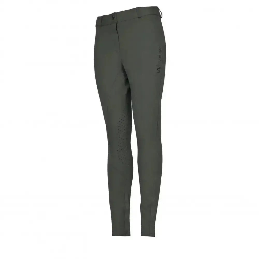 Dark olive green whitaker birstall lady knitted breeches with sleek fit and subtle thigh branding for ladies riding style