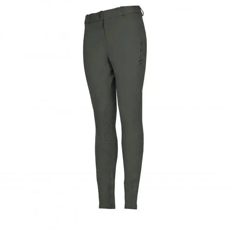 Dark olive green whitaker birstall lady knitted breeches with sleek fit and subtle thigh branding for ladies riding style