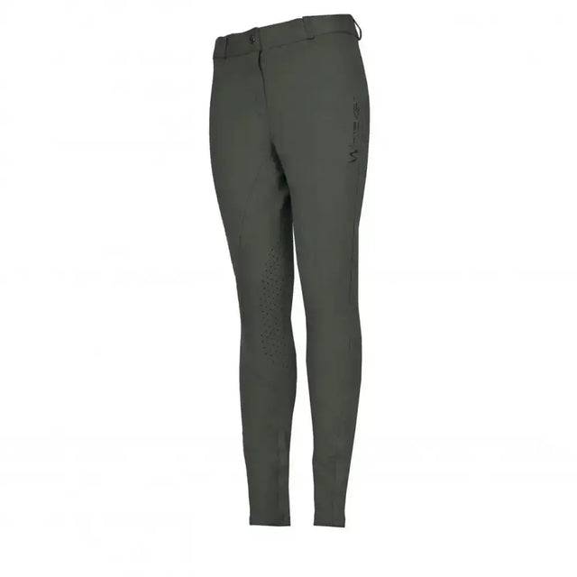 Dark olive green whitaker birstall lady knitted breeches with sleek fit and subtle thigh branding for ladies riding style