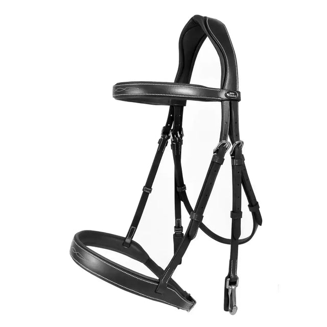 Black leather whitaker br104 madrid snaffle bridle black with silver stitching and metal hardware for equestrian use