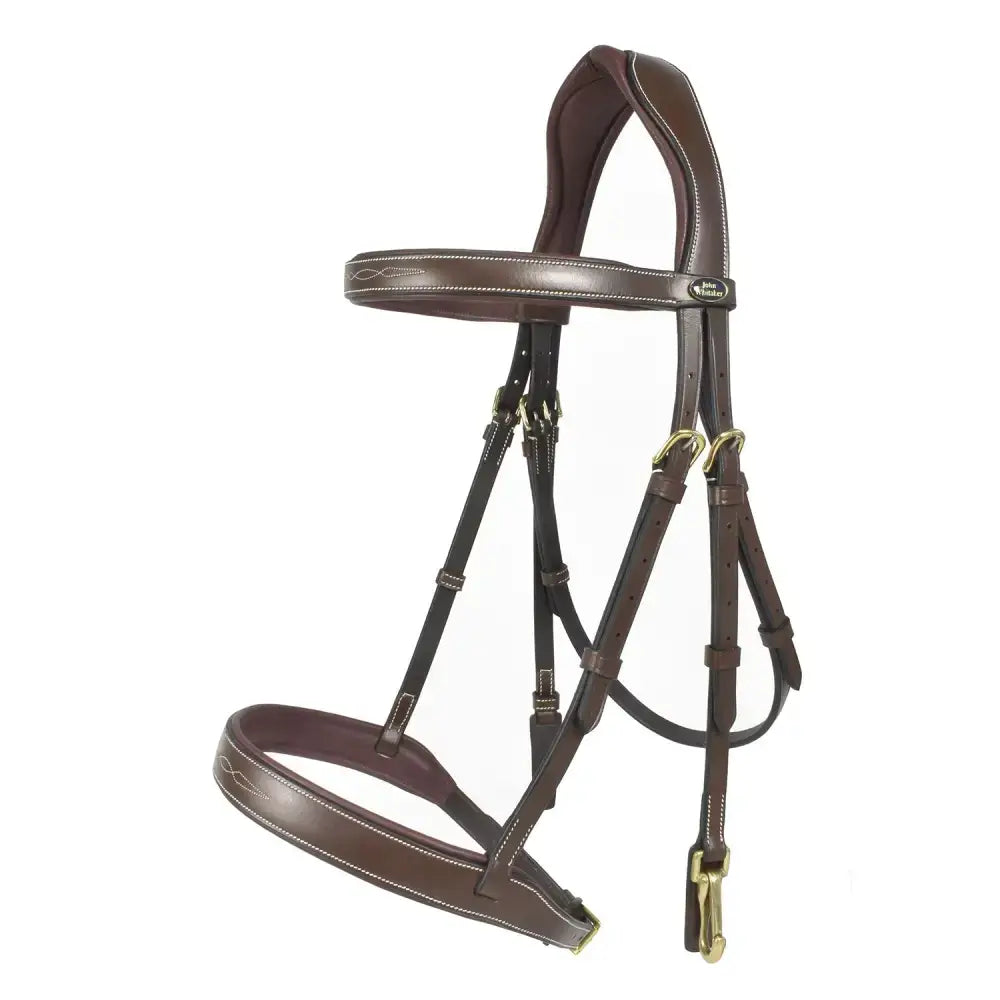 Brown leather havana snaffle bridle with white stitching and brass hardware whitaker br104 madrid br104 havana