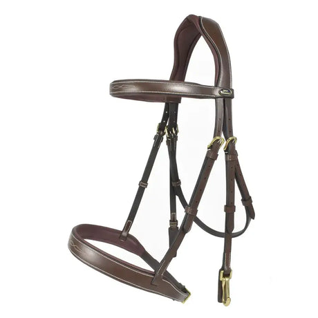 Brown leather havana snaffle bridle with white stitching and brass hardware whitaker br104 madrid br104 havana