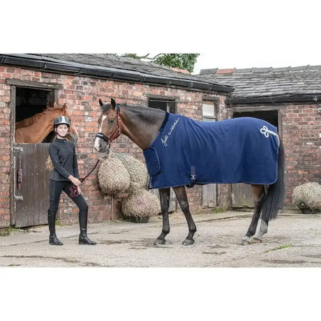 Navy blue horse blanket whitaker chelsea show rug navy silver with white embroidery and static chest fastening detail